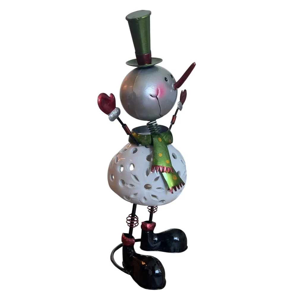 Vintage Pier 1 Snowman Bobblehead Candle Holder Tealight Metal Statue‎ Christmas